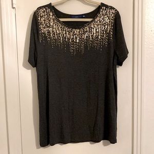 Charcoal gray top with gold sparkles